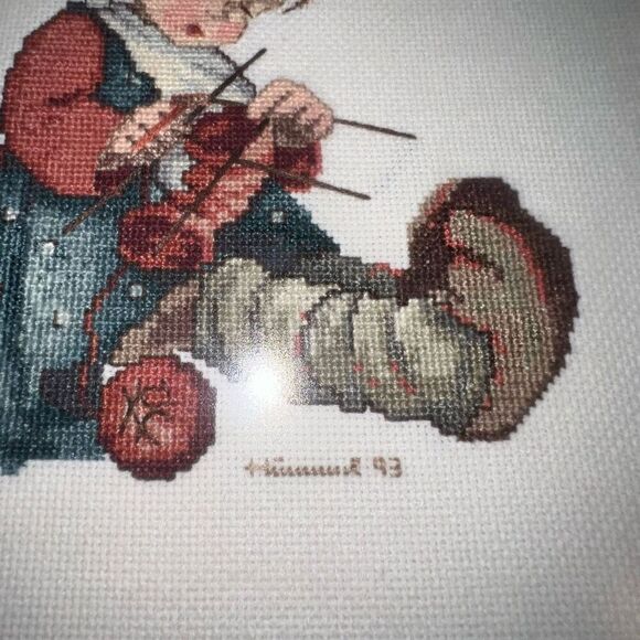 VTG Hummel Framed Cross Stitch Hand Sewn Wood Frame Glass Front Knitting Stitche - Picture 4 of 6